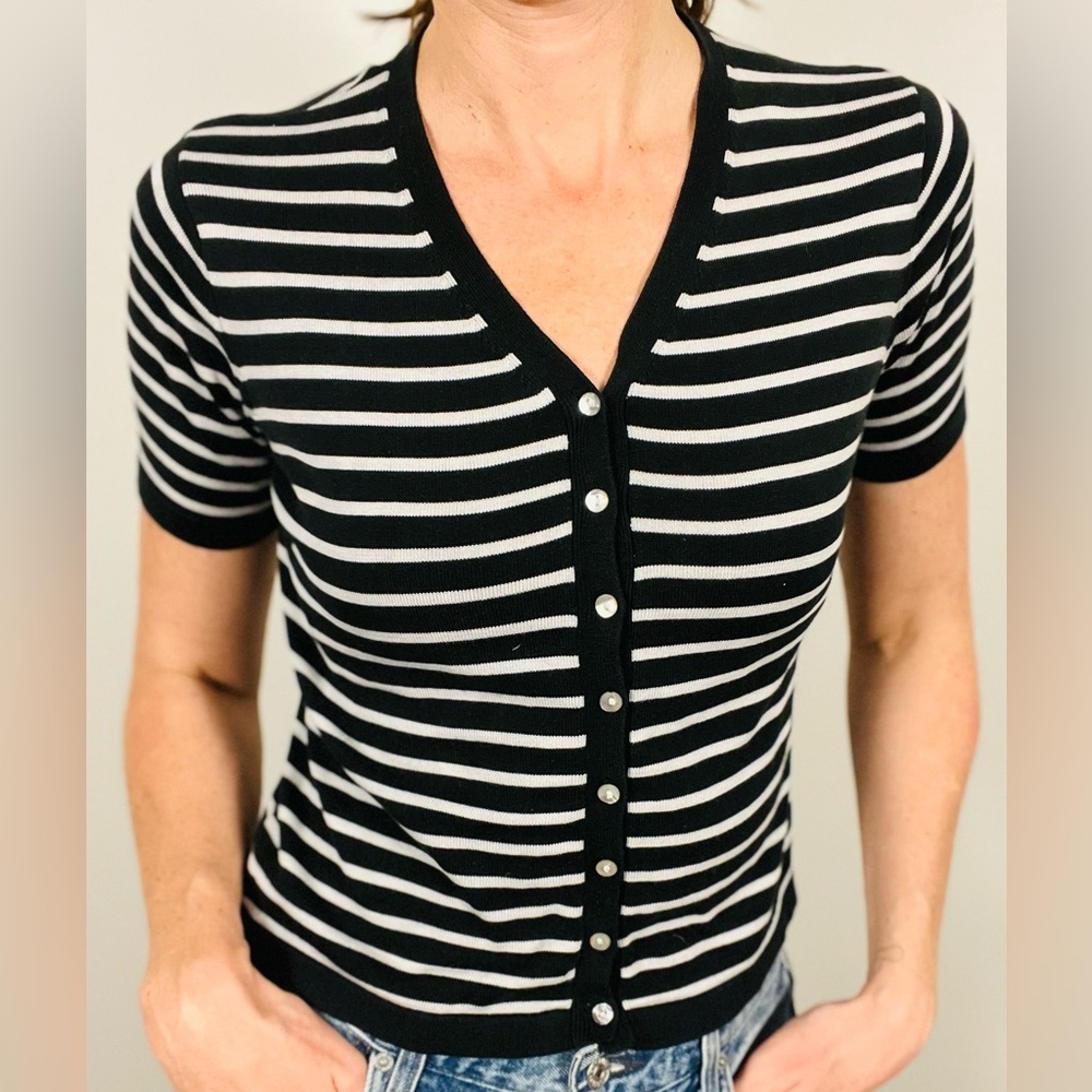 Black & Cream Stripe Silk Cotton Top – Vintage - M Petite
